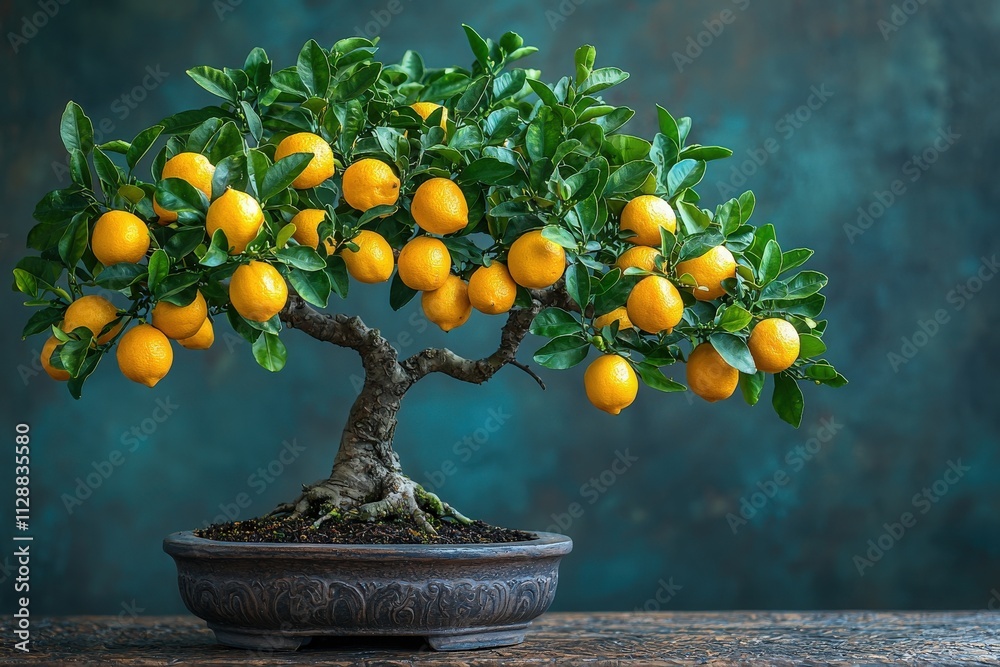 A stunning bonsai citrus tree displays an abundance of ripe lemons amidst lush green foliage. The intricate branches create a striking silhouette against a deep blue background.