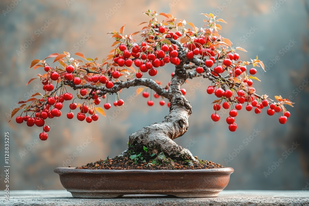 A stunning bonsai tree adorned with bright red fruits stands gracefully in a tranquil garden. The warm light of the golden hour highlights its intricate branches and lush leaves.