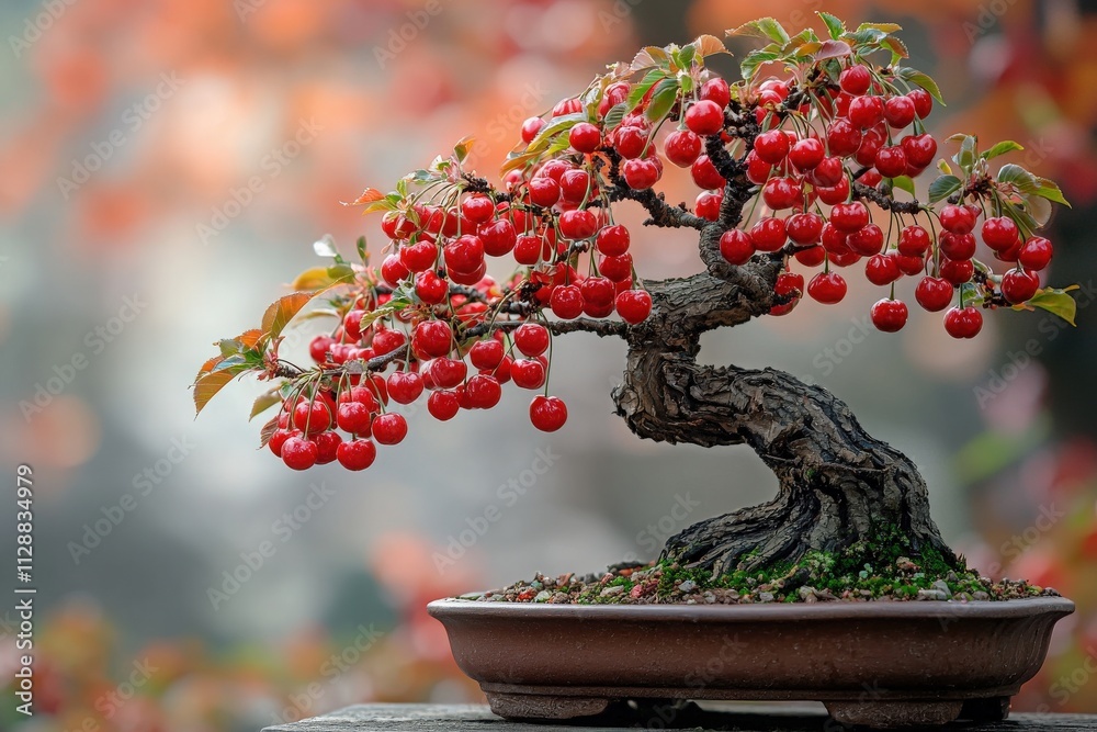 A stunning bonsai tree displays clusters of bright red berries against a backdrop of soft autumn colors. The age-old trunk and delicate leaves create a tranquil, serene atmosphere.