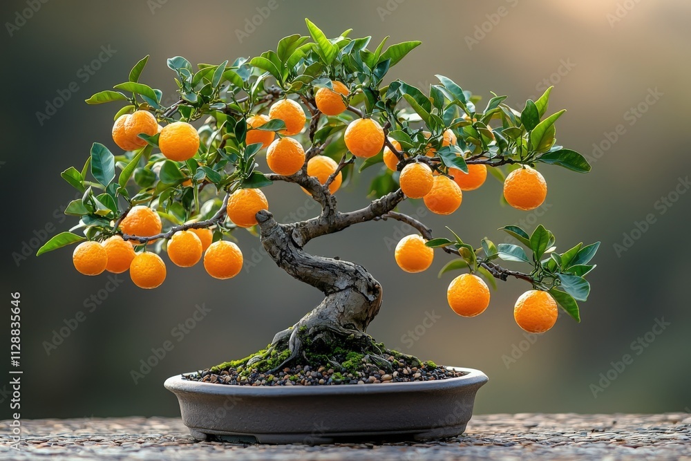 A stunning bonsai tree features vibrant oranges hanging amid lush green leaves, illuminated by soft natural light. The intricate branches and unique shape create an enchanting appearance.
