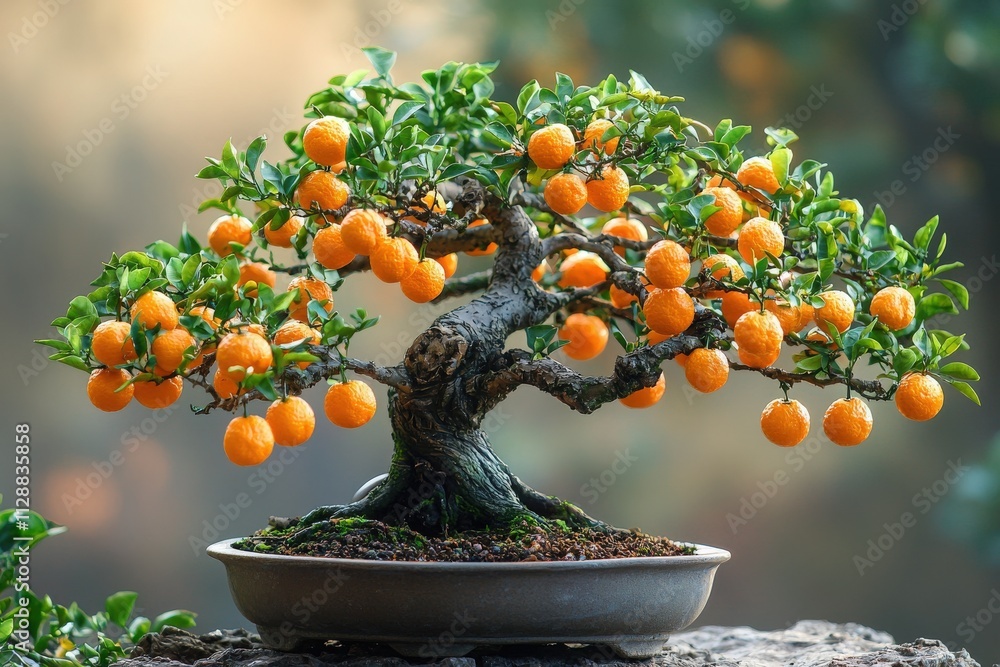 A stunning bonsai tree is adorned with bright orange fruits, showcasing its intricate branches and lush green leaves. This peaceful garden captures a tranquil moment in nature.