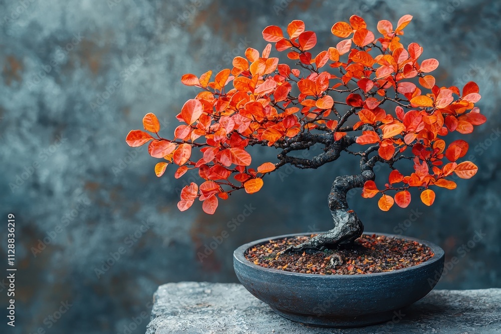 A stunning bonsai tree showcases vibrant red leaves, symbolizing autumn. It is elegantly placed on a textured stone surface, highlighting the intricate details of its twisted branches and rich soil.