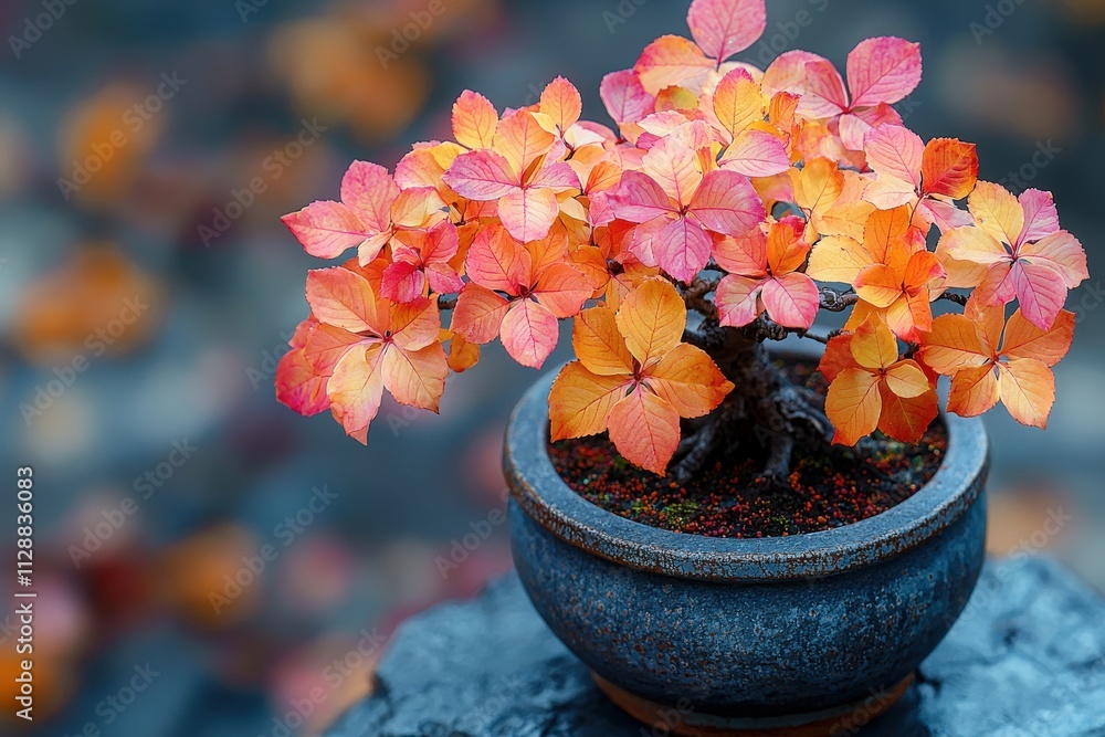 A stunning bonsai tree with vibrant orange and pink leaves showcases the beauty of autumn. Situated in a tranquil outdoor area, it captures the essence of seasonal change.