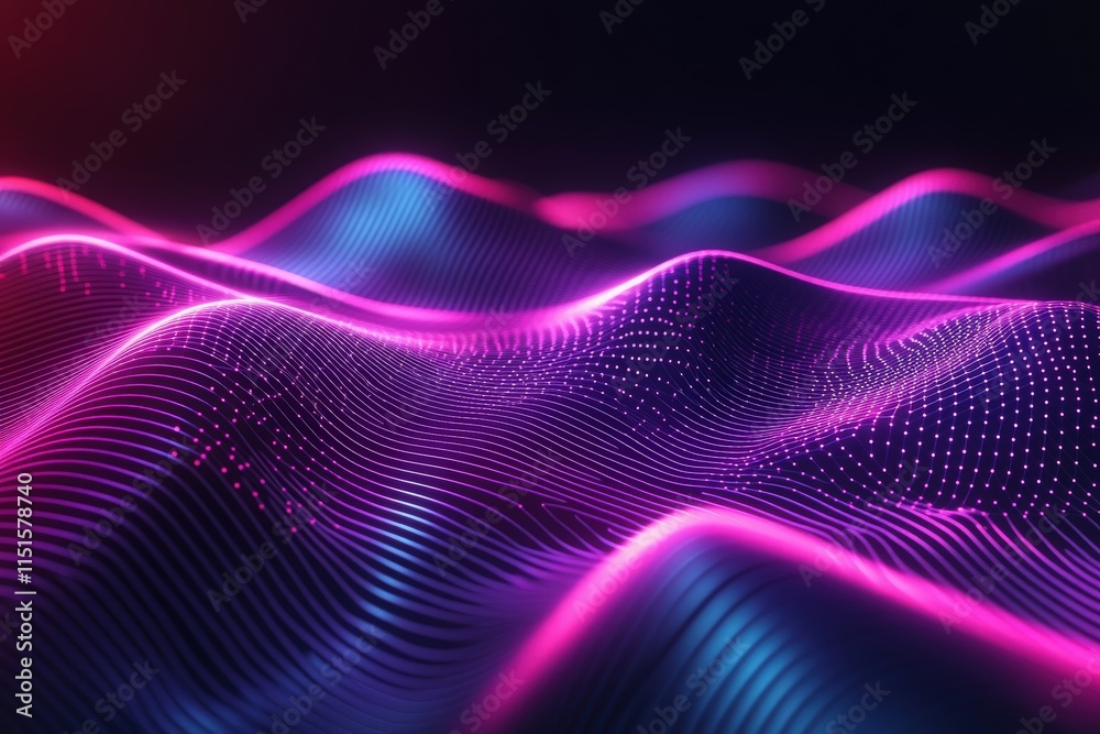 A stunning display of colorful waves undulating smoothly in shades of pink, blue, and purple. The abstract design evokes a sense of movement and energy, resembling sound wave patterns.