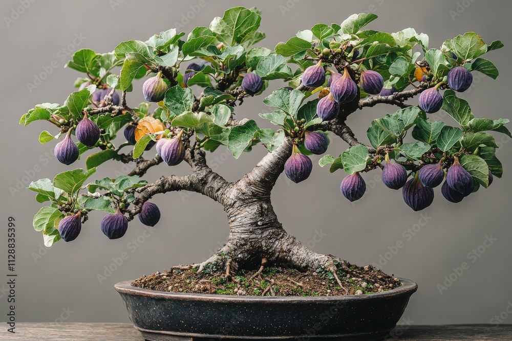 A stunning fig tree bonsai features a thick trunk and lush green leaves, adorned with clusters of ripe purple figs. The plant sits on a wooden table against a neutral backdrop.