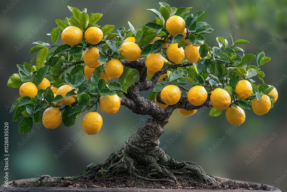 A stunning lemon tree showcases vibrant yellow lemons hanging from its branches. The tree features a twisted trunk and lush green leaves, creating a picturesque outdoor scene.