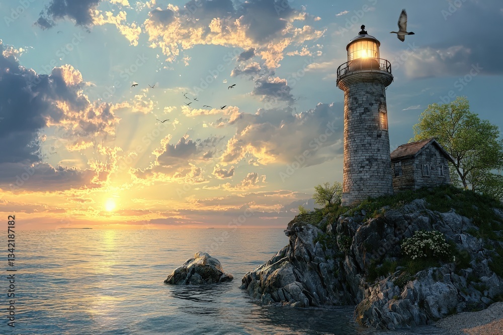 A stunning lighthouse stands on a rocky outcrop as the sun sets in the distance, casting golden rays over the calm ocean waters and surrounded by a scenic sky filled with clouds.