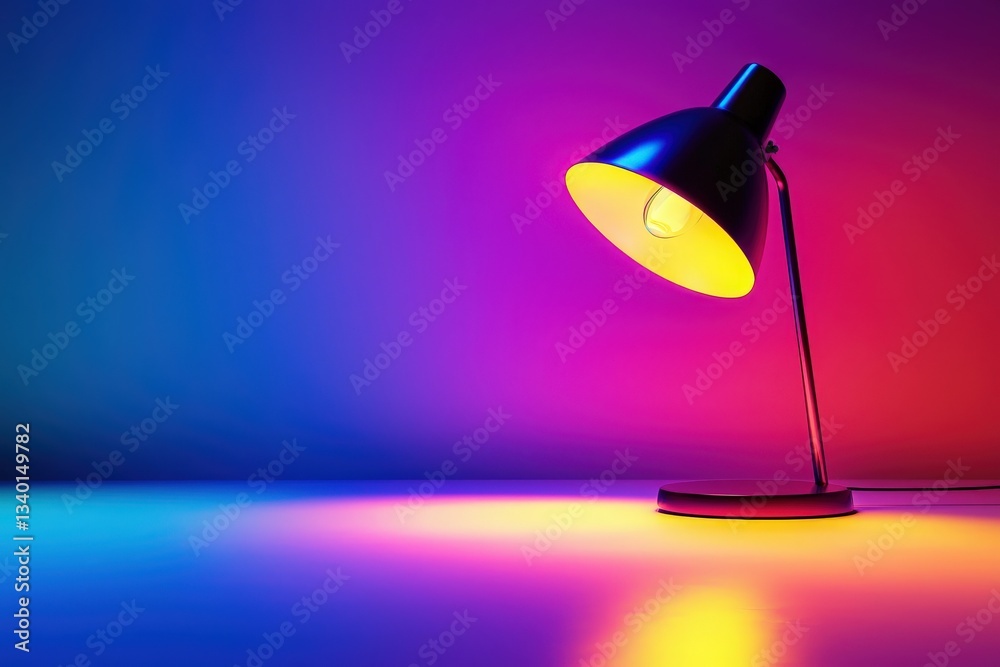A stylish desk lamp shines with vibrant hues of purple, blue, and yellow, creating an artistic and modern atmosphere in the workspace. Its design complements minimalist decor.