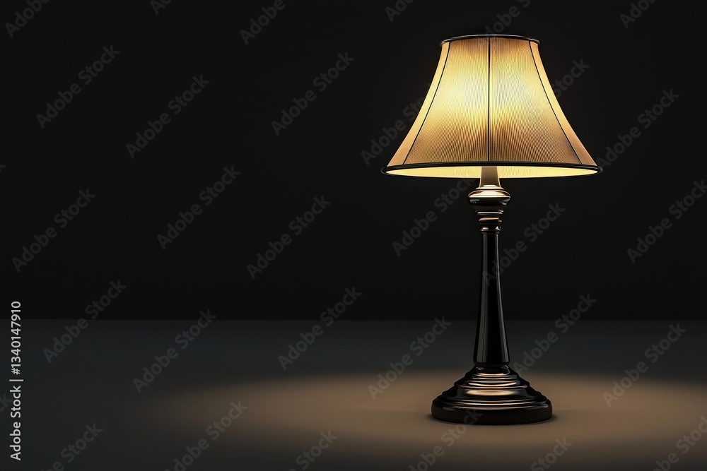 A stylish lamp stands alone on a smooth surface, emitting a soft, warm glow that highlights its elegant design. The surrounding dark atmosphere enhances its inviting presence.
