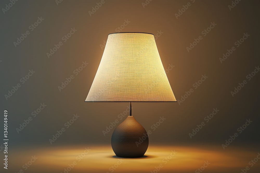 A stylish lamp with a beige fabric shade sits on a smooth surface, casting a warm glow in a softly lit space. The elegant design adds a touch of contemporary decor to the ambiance.