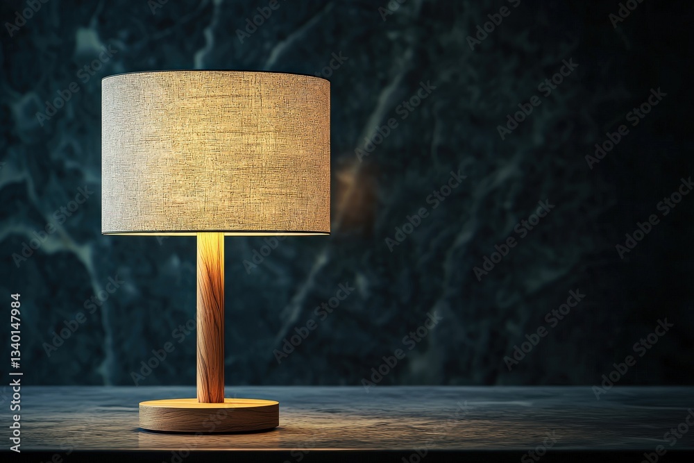 A stylish lamp with a fabric shade stands on a smooth surface, casting a warm glow in a modern interior design. The dark marble backdrop enhances the elegant atmosphere of the space.