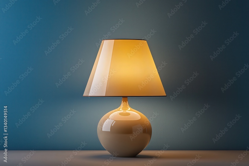 A stylish lamp with a round base and a tapered shade illuminates a table. The soft yellow light contrasts beautifully with the blue wall behind, creating a warm and inviting atmosphere.