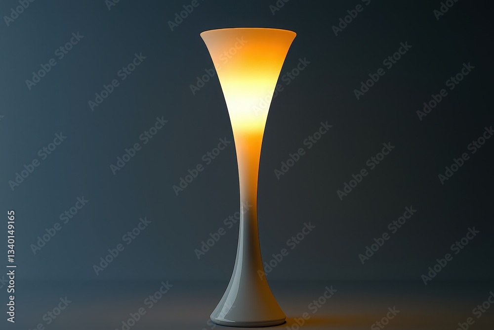 A stylish modern lamp stands elegantly in a dimly lit area, casting a warm and inviting glow. Its sleek design features a conical shape, blending seamlessly with contemporary decor.