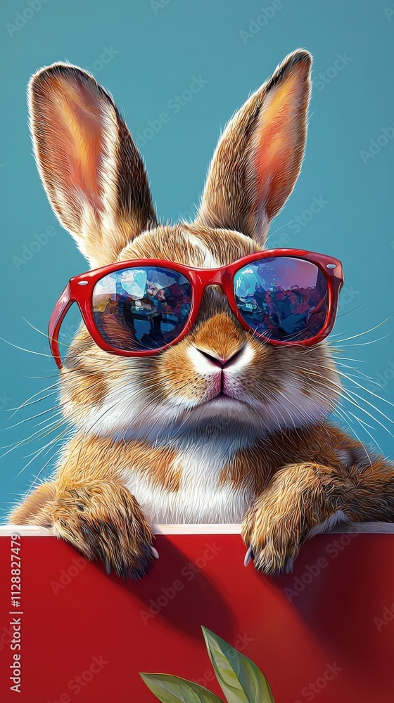 A stylish rabbit with red sunglasses relaxes in front of a vibrant background, embodying a sense of fun and cheerfulness. The playful atmosphere suggests a sunny day at the beach.