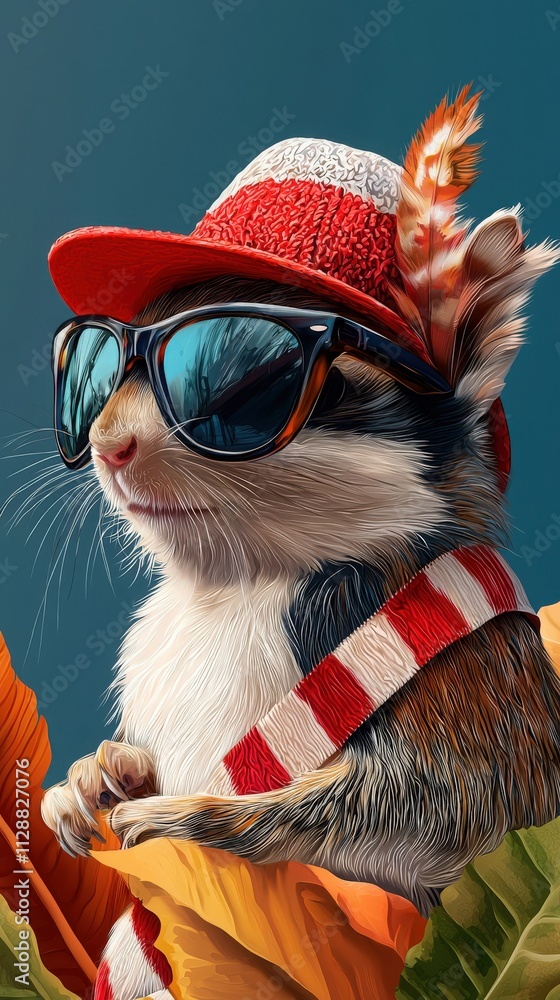 A stylish squirrel wears sunglasses and a colorful hat, standing amidst bright leaves. It showcases a playful summer vibe, embodying a lighthearted outdoor spirit.