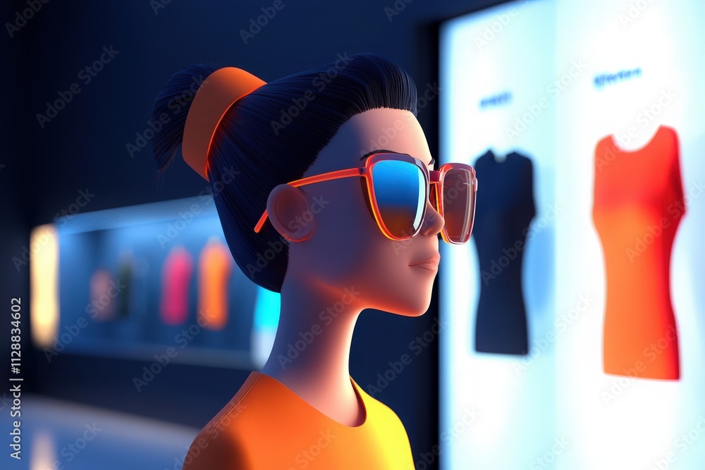 A stylish virtual character with sunglasses and a bright outfit stands in a contemporary boutique, admiring colorful clothing displays illuminated in the evening.