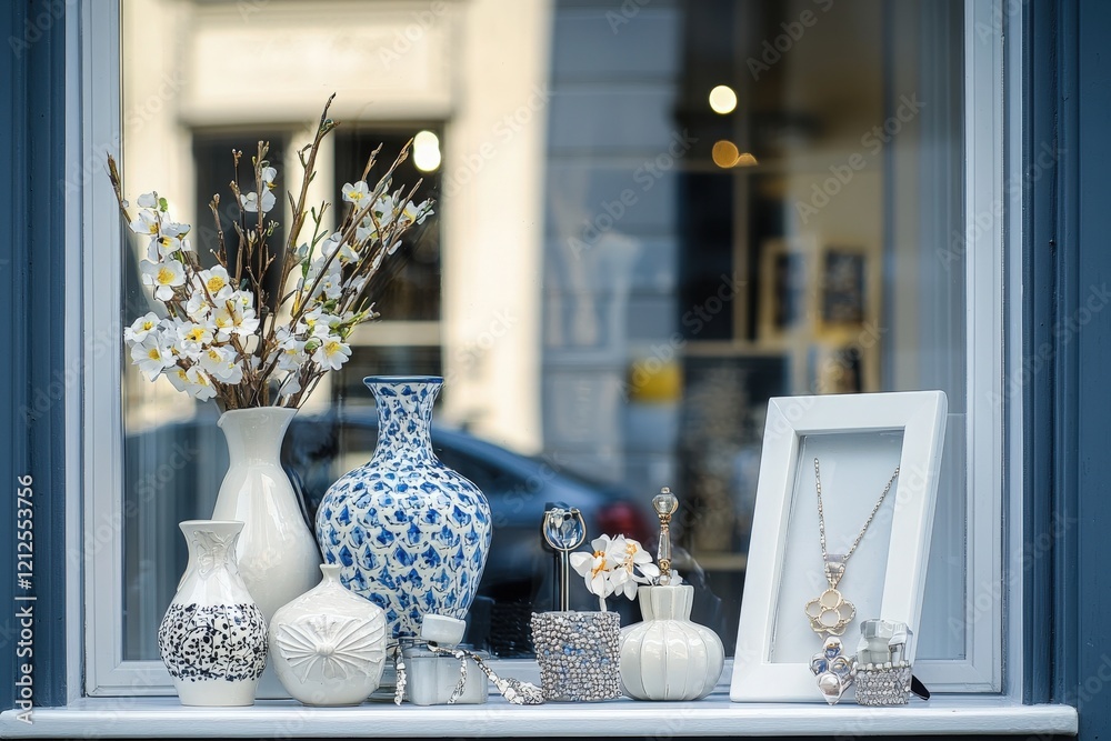 A stylish window display showcases an array of decorative vases, delicate flowers, and elegant jewelry. The arrangement combines various designs and textures in a vibrant urban environment.