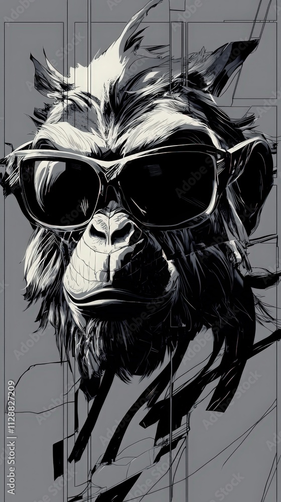 A stylized monkey features prominently with oversized sunglasses, set against an abstract background. The artwork combines bold lines and contrasts, capturing a playful yet edgy vibe.