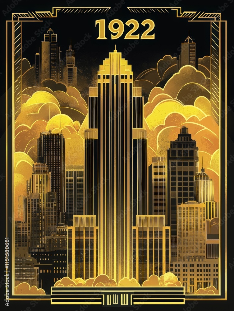 A stylized skyline from 1922, showcasing towering skyscrapers surrounded by vibrant, golden clouds, representing the architectural beauty of the era.