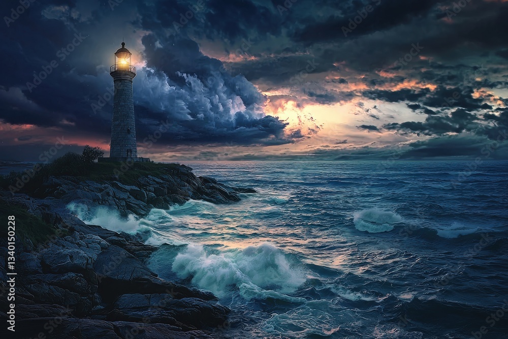 A tall lighthouse shines brightly amidst a stormy sky, surrounded by crashing waves and rocky cliffs. The warm light contrasts with the dark clouds, creating a dramatic maritime scene at dusk.