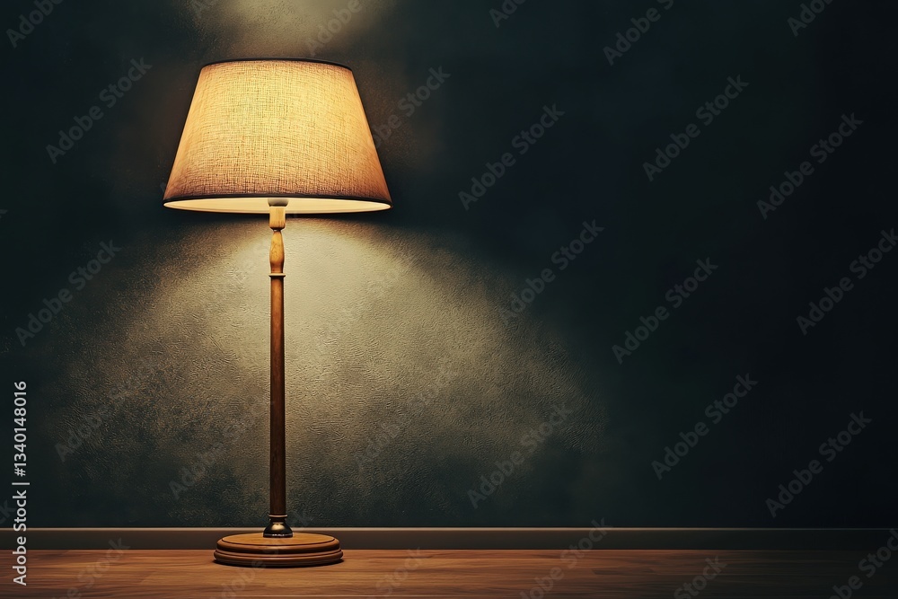 A tall standing lamp emits a soft, warm light in a dimly lit corner of a room. The lamp features a classic design with a beige shade and wooden base, enhancing the cozy atmosphere.