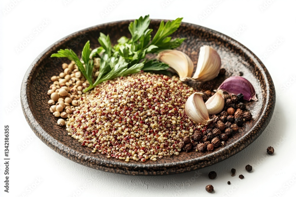 A textured plate features a mound of mixed seeds, including quinoa and spices, surrounded by fresh herbs and garlic cloves. This setting highlights natural ingredients in a culinary context.