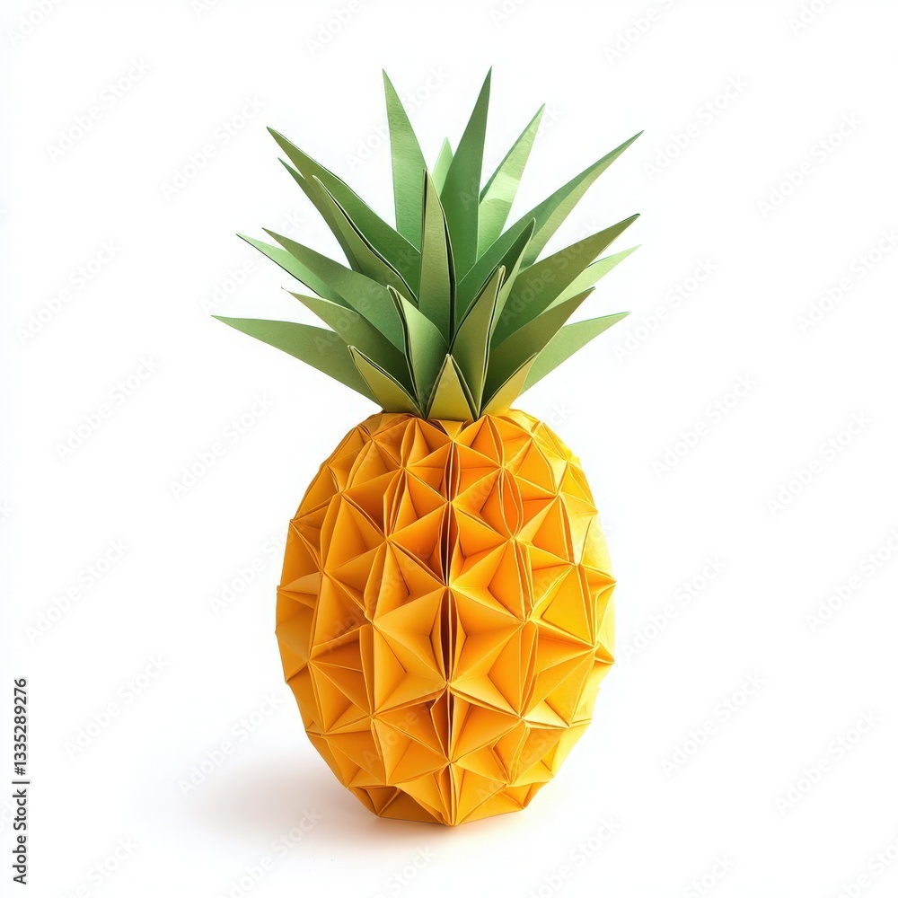 A three-dimensional origami pineapple made from colorful paper showcases detailed folding techniques. The bright yellow body contrasts with lush green leaves, creating a cheerful decor piece.