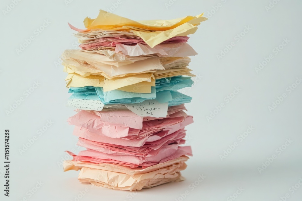 A tower of assorted papers in soft pastel colors is stacked haphazardly. The notes feature scribbles and varied textures, creating a playful yet chaotic atmosphere on a neutral backdrop.