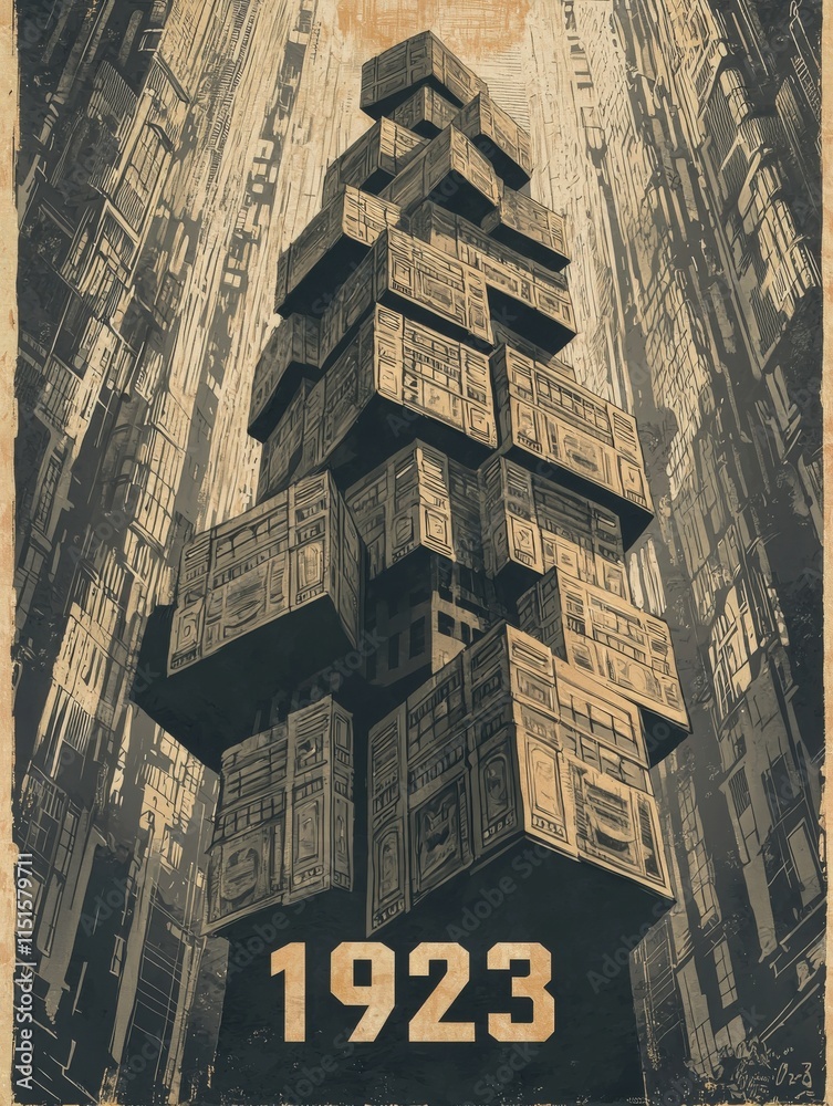 A towering stack of intricately designed boxes rises high within a narrow, futuristic urban landscape. The year 1923 is prominently displayed at the base, suggesting a vintage aesthetic.