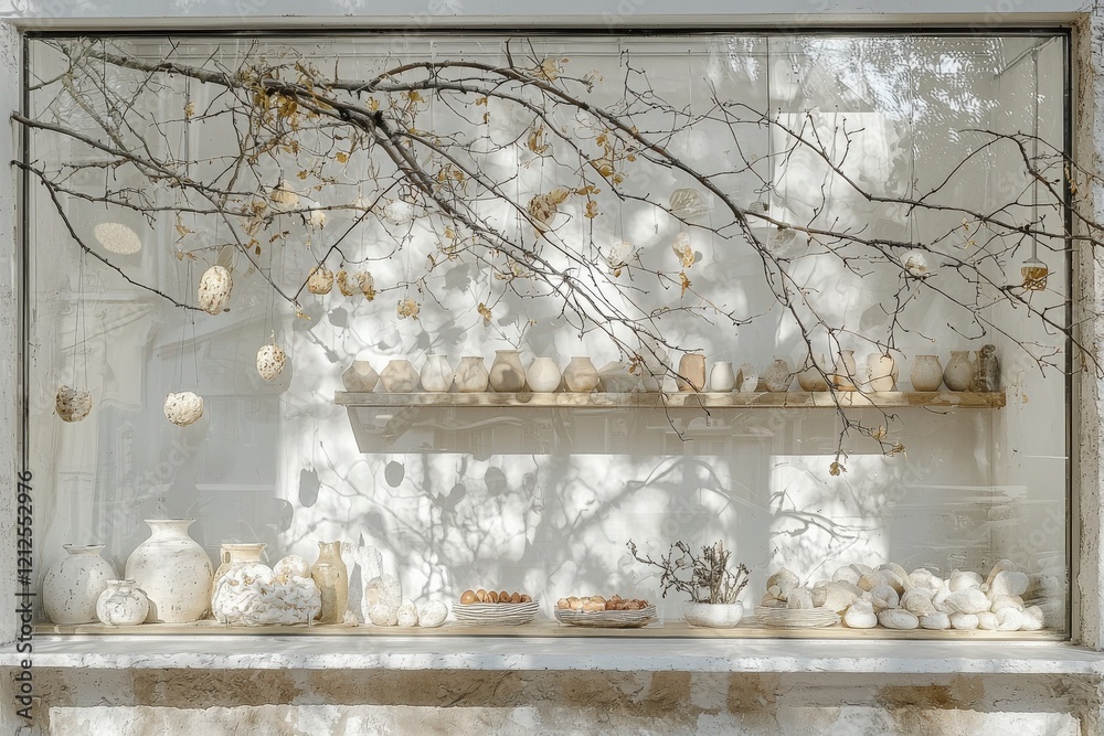 A tranquil window display showcases an array of white pottery pieces, decorated with dried foliage. Soft sunlight filters through leaves, casting gentle shadows onto the scene.