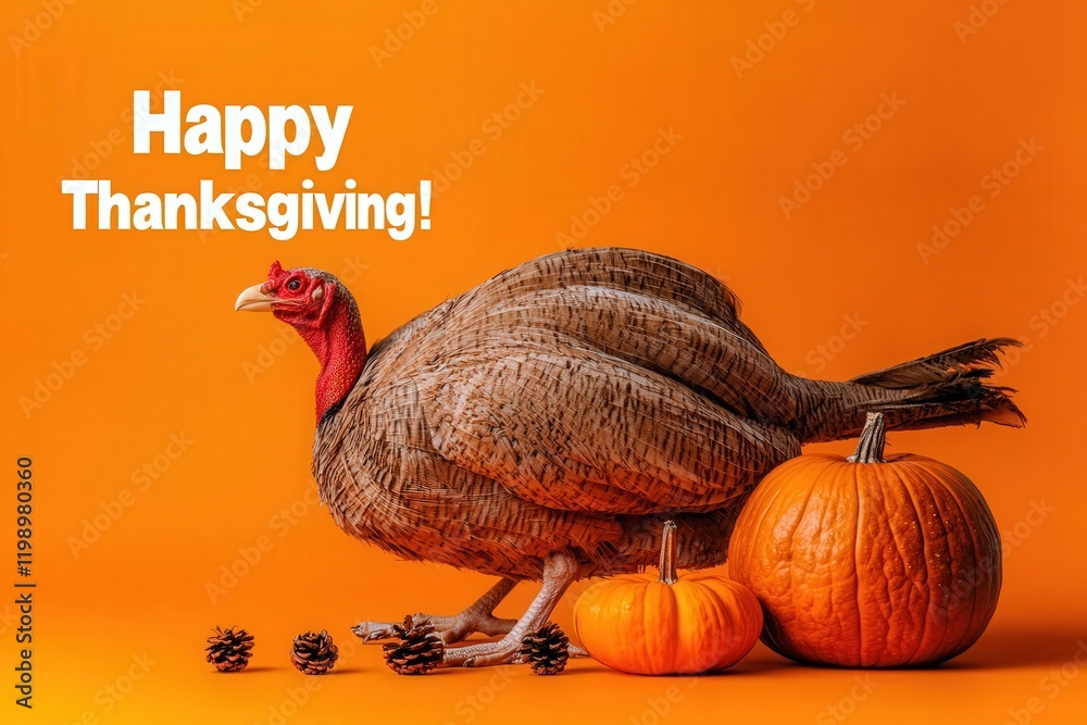 A turkey stands proudly among small pine cones and two pumpkins, all set against a bright orange backdrop. The festive Happy Thanksgiving! greeting adds to the holiday spirit.