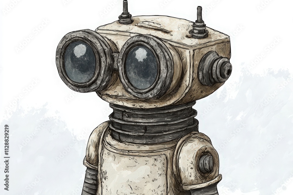 A unique robot character stands upright, featuring large round eyes and a retro aesthetic. Its metallic body showcases intricate details and a rugged texture, suggesting an imaginative story.