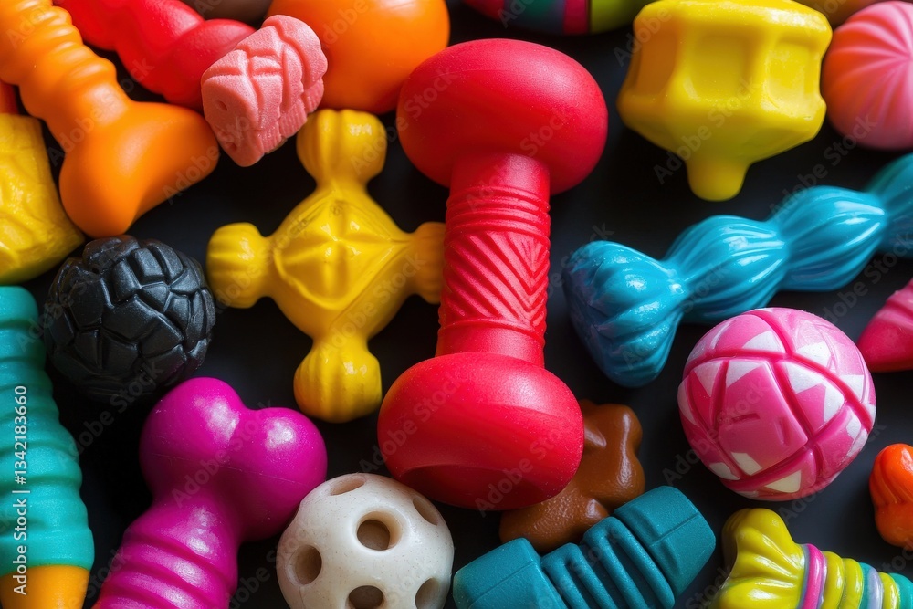 A variety of brightly colored chew toys are scattered across a black surface. The toys include different shapes and sizes, ideal for playful pets and fun engagement.