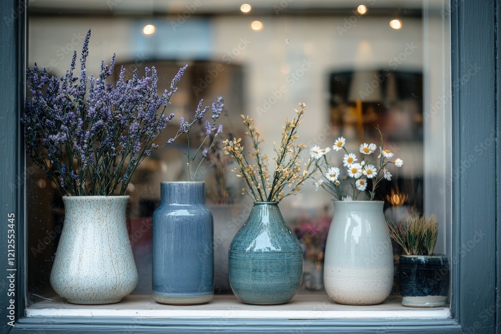 A variety of ceramic vases filled with colorful flowers are arranged in a shop window, enhancing the charm of the street. The sunlight casts a warm glow on the display.