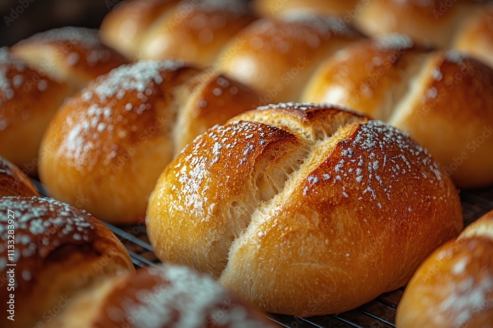 A variety of golden-brown rolls are arranged neatly on a wire rack, displaying a crusty exterior and soft interior. The aroma of freshly baked bread fills the warm kitchen atmosphere.