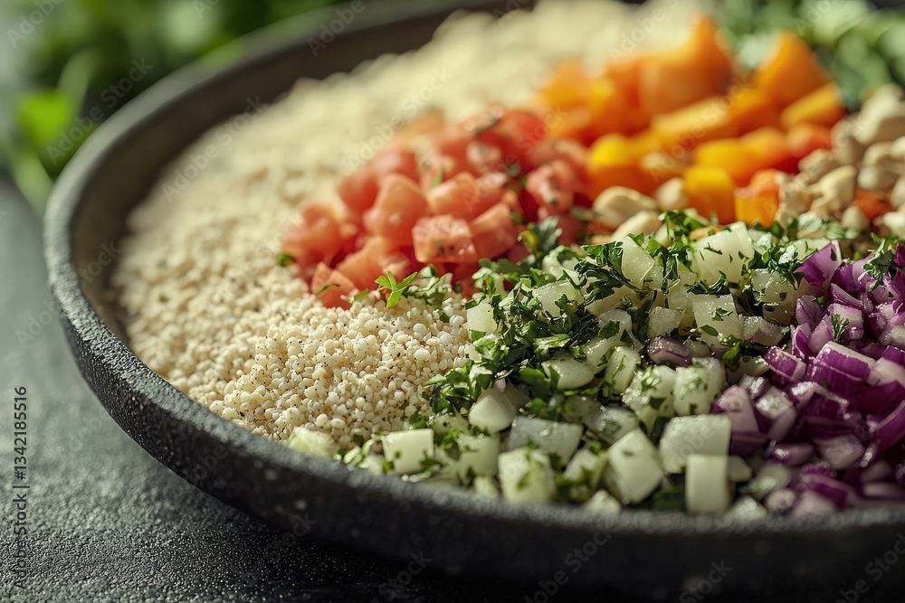 A variety of vibrant ingredients are carefully arranged in sections on a dark bowl. Ingredients include chopped tomatoes, bell peppers, onions, and herbs, ready for a delicious salad or dish.