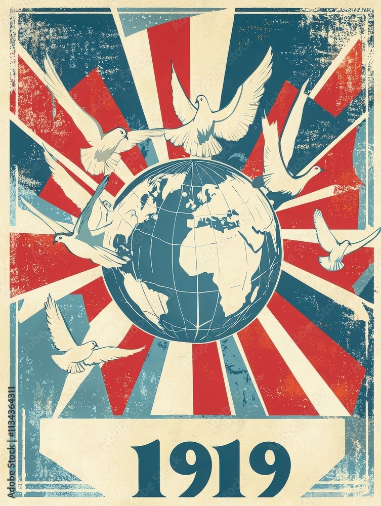 A vibrant 1919 poster displays a globe surrounded by doves, symbolizing peace. The background features striking rays of red and blue, creating a bold visual impact.