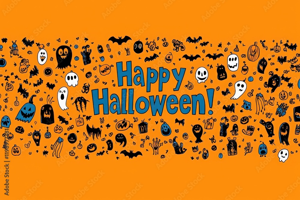 A vibrant Halloween-themed design showcases various spooky characters like ghosts, bats, and pumpkins against a bright orange background. The festive message adds a joyful touch.