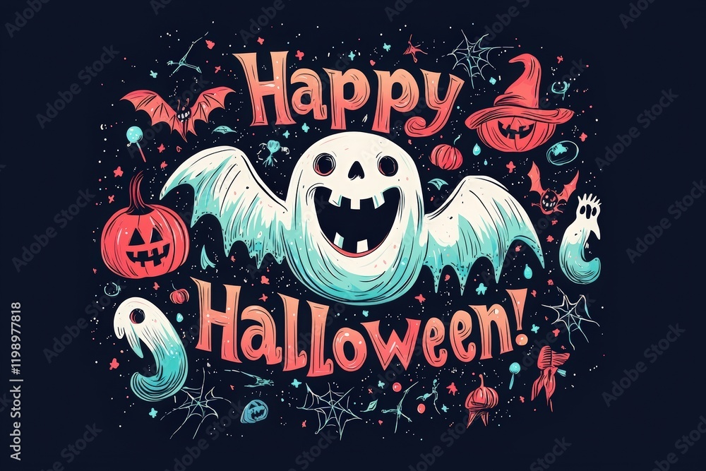 A vibrant Halloween-themed illustration showcases a cheerful ghost with large eyes and a wide grin, surrounded by playful bats, pumpkins, and various spooky elements.