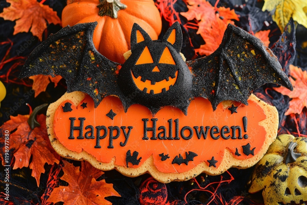 A vibrant Halloween cookie features a bat and pumpkin design with the message Happy Halloween! set against autumn leaves. This treat is perfect for festive gatherings or parties.