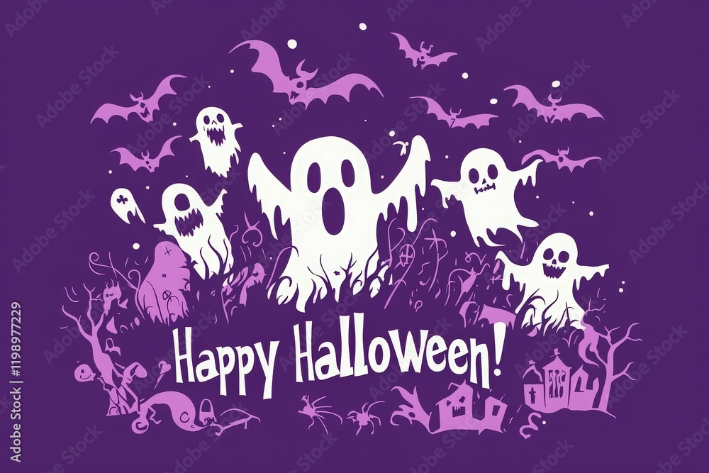 A vibrant Halloween decoration displays cheerful ghosts and flying bats against a purple background, featuring the message Happy Halloween! that captures the holiday spirit.