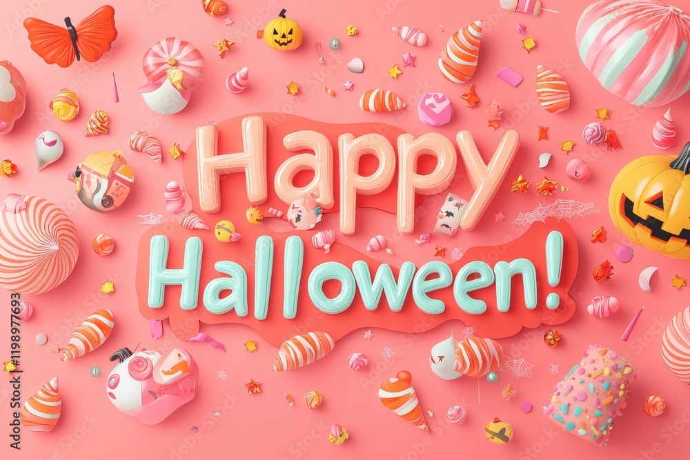 A vibrant Halloween setup featuring various candies and playful decorations spread across a pink background. Colorful elements include pumpkins, ghosts, and a cheerful greeting.