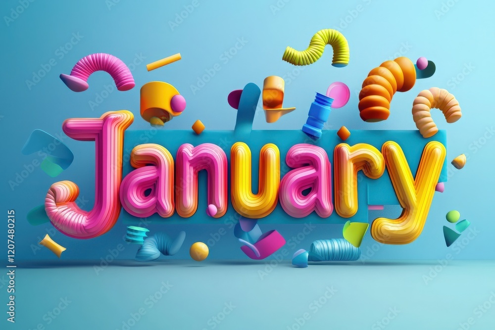 A vibrant January design features bold, playful letters in shades of pink, yellow, and blue. Surrounding geometric shapes create a fun and lively atmosphere for the start of the year.
