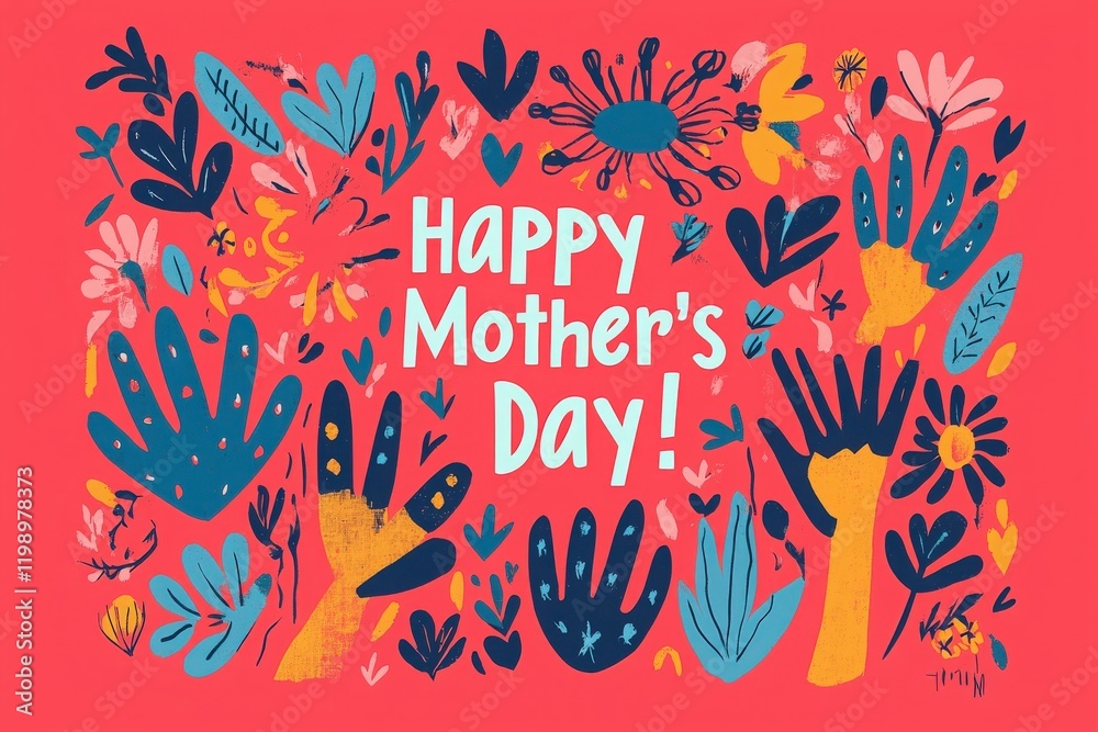 A vibrant Mothers Day card features cheerful handprints surrounded by various flowers and leaves. The colorful design showcases a festive celebration of love and appreciation for mothers.