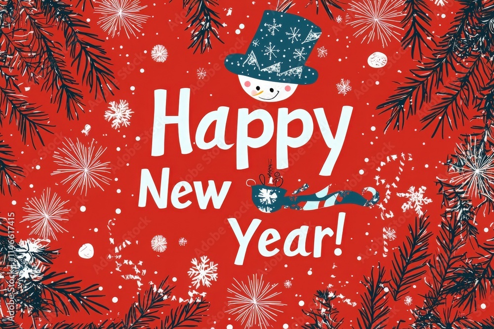 A vibrant New Year greeting features a cheerful snowman wearing a hat, surrounded by snowflakes and decorative elements. The bright red background enhances the festive atmosphere of the celebration.