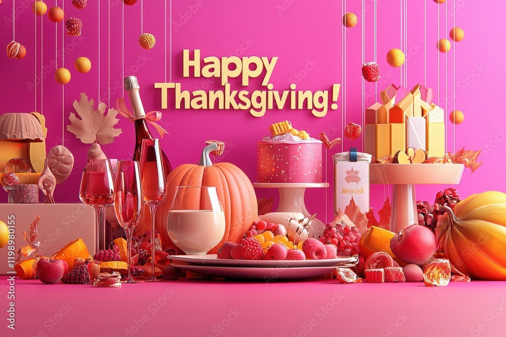 A vibrant Thanksgiving setup showcases a variety of decorative elements, desserts, and drinks. The display includes a pumpkin, fruits, and festive packaging against a bright pink backdrop.
