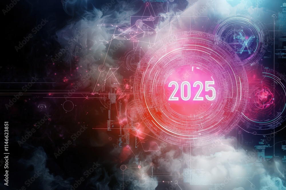 A vibrant, abstract digital artwork depicts the year 2025, blending elements of futuristic technology with a cosmic background. Swirling clouds and glowing shapes create an immersive atmosphere.