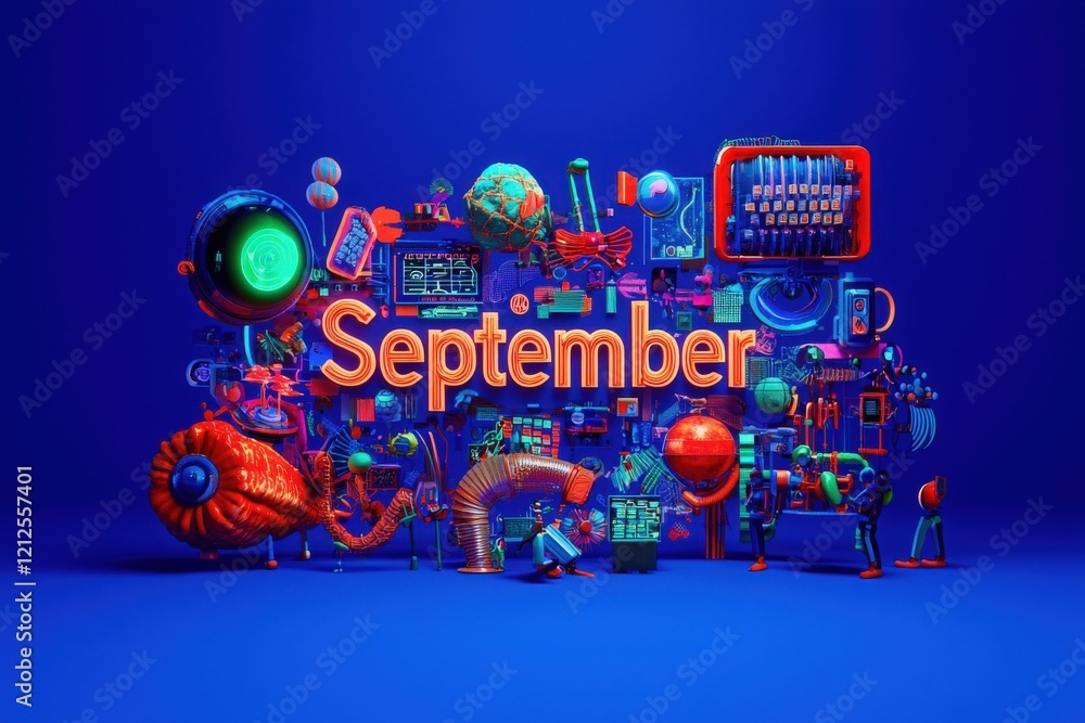 A vibrant and artistic display showcases September through various elements like gadgets, shapes, and textures. The bright colors and unique designs create an eye-catching and engaging arrangement.