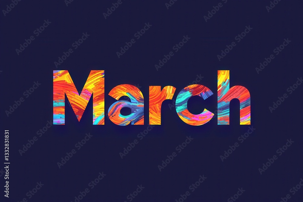 A vibrant and artistic representation of the word March is displayed. The letters are filled with various colors and brush strokes, set against a dark navy blue background, highlighting creativity.