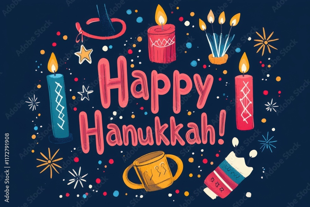 A vibrant and cheerful design showcases various symbols of Hanukkah, including colorful candles, a menorah, and festive decorations against a dark background, conveying holiday spirit.